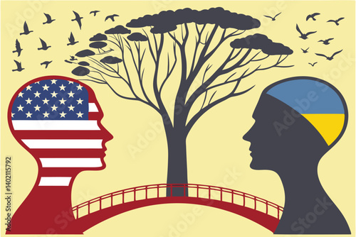 65 Political divide, American and Ukrainian flags, human profiles, silhouettes facing each other, bridge of birds, tree canopies connecting, symbolic unity, surreal landscape, conceptual art, digital 
