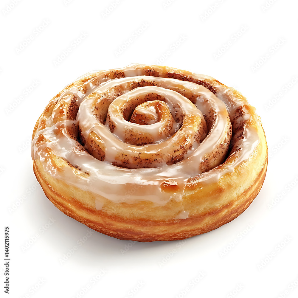 Fototapeta premium A freshly baked cinnamon roll with a golden brown crust soft fluffy interior and a swirl of cinnamon filling, isolated white background, hyperrealism art style