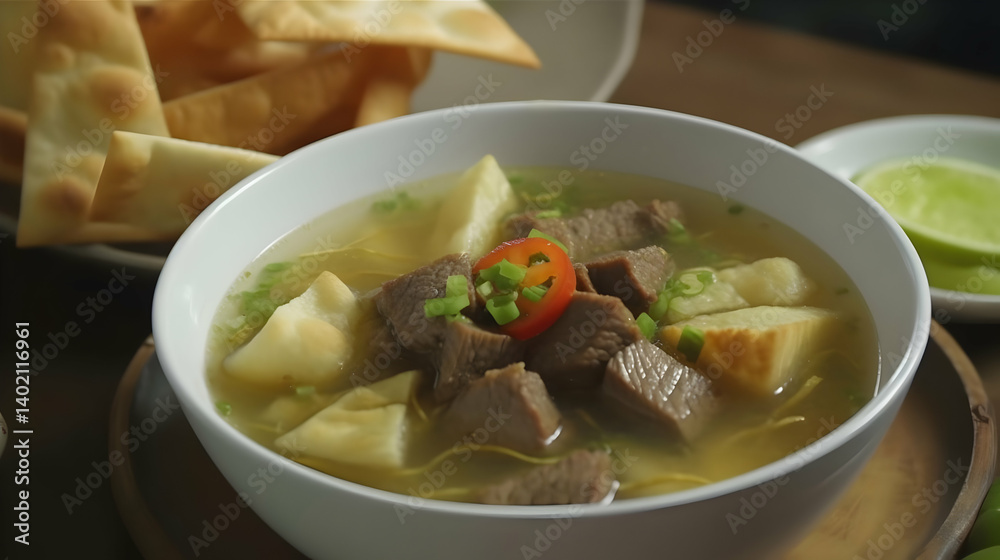 Exquisite bowl of soto betawi, a rich Indonesian coconut milk beef soup Exquisite bowl of soto betawi, a rich Indonesian coconut milk beef soup