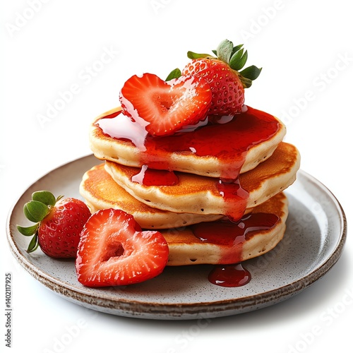 Delicious pancakes topped with strawberries and syrup.