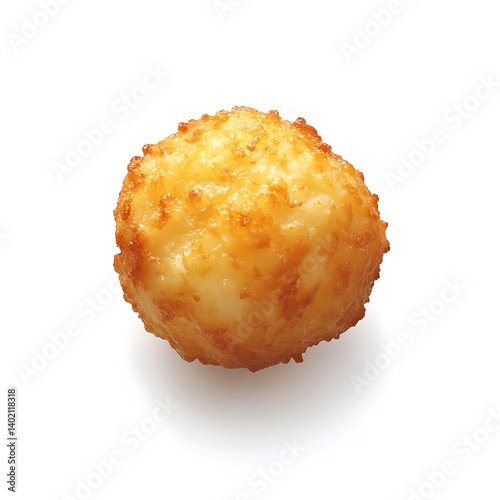 A golden and crispy tater tot with a crunchy outer shell and soft fluffy potato interior, isolated white background, hyperrealism art style