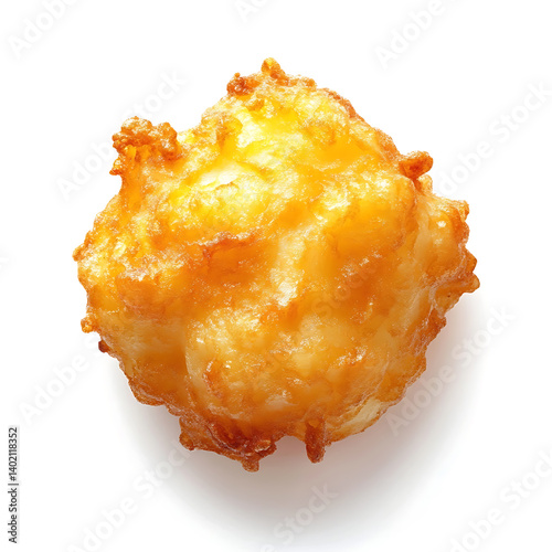 A golden and crispy tater tot with a crunchy outer shell and soft fluffy potato interior, isolated white background, hyperrealism art style
