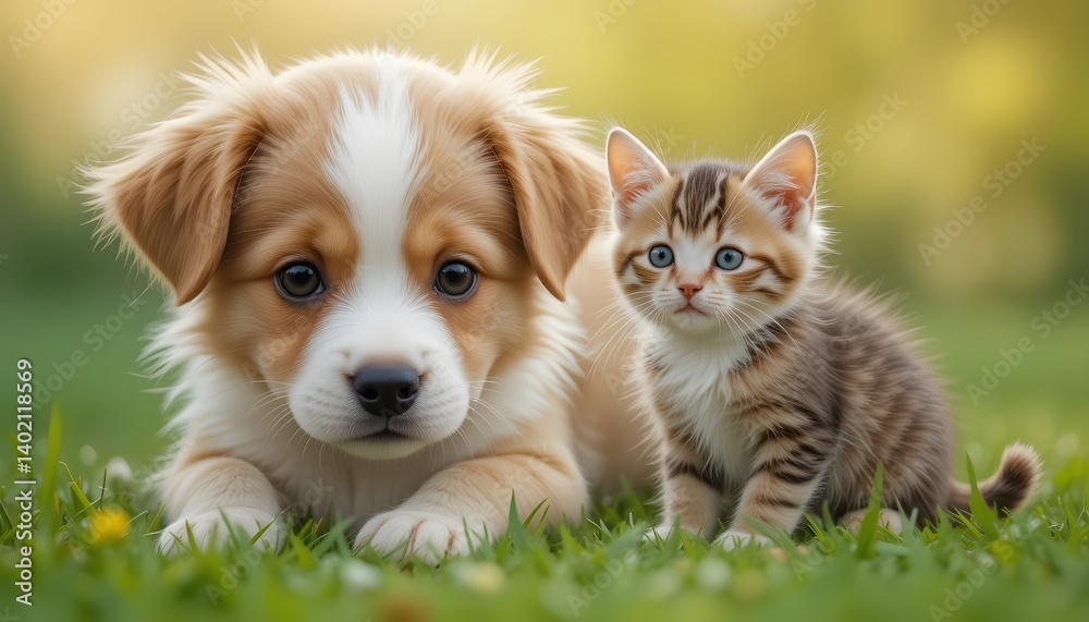 Adorable Kitten Sitting on Grass Next to a Puppy Adorable Kitten Sitting on Grass Next to a Puppy