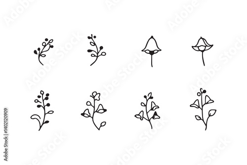 Set of 6 pec in two row  Bluebell black line art on white background