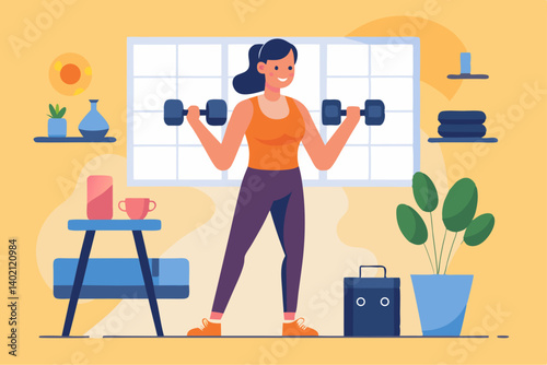 Woman lifting dumbbells at home