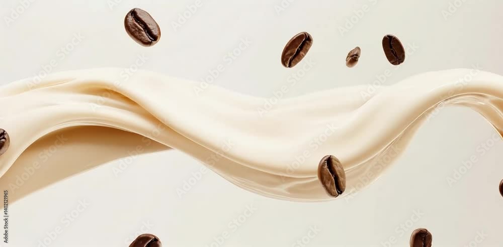 Flujo de leche con café ondulando mientras semillas de café giran al rededor. 