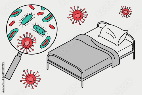 67 Microscopic view of viruses and bacteria, magnified circular inset, gray bedding, pillowcase detail, medical illustration, microbiology, infectious disease concept, colorful pathogens, red and teal