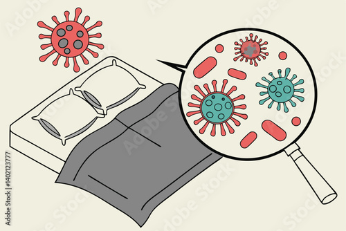 67 Microscopic view of viruses and bacteria, magnified circular inset, gray bedding, pillowcase detail, medical illustration, microbiology, infectious disease concept, colorful pathogens, red and teal