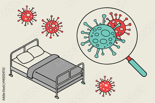 67 Microscopic view of viruses and bacteria, magnified circular inset, gray bedding, pillowcase detail, medical illustration, microbiology, infectious disease concept, colorful pathogens, red and teal