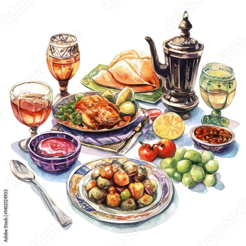 Ramadan Iftar Meal Setting, vector watercolor illustration, isolated on a white background.