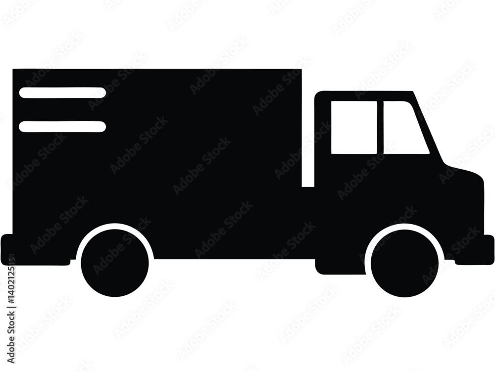 Vector silhouette of delivery box truck from front and side. Silhouette of a delivery truck with speed lines and transparent background Vector silhouette of delivery box truck from front and side. Silhouette of a delivery truck with speed lines and transparent background
