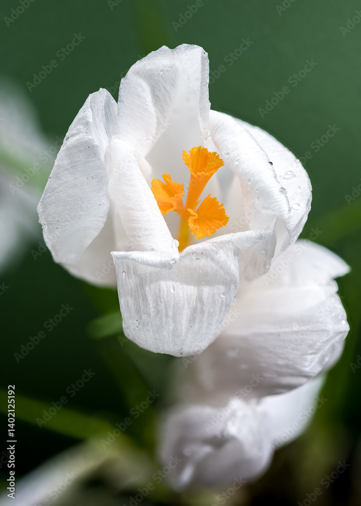 Dew-Kissed White Crocus Blooming in Soft Green Light