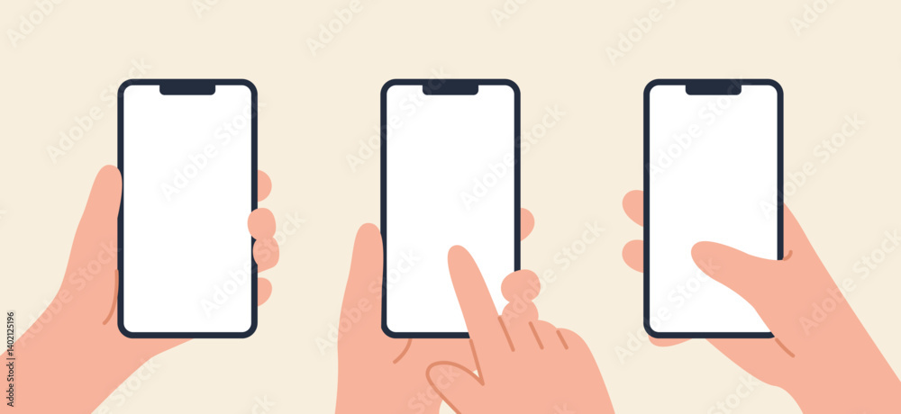 An illustration set of hand gestures holding mobile phone. Different ways of holding phone. Flat vector empty phone screen mockup clipart. 