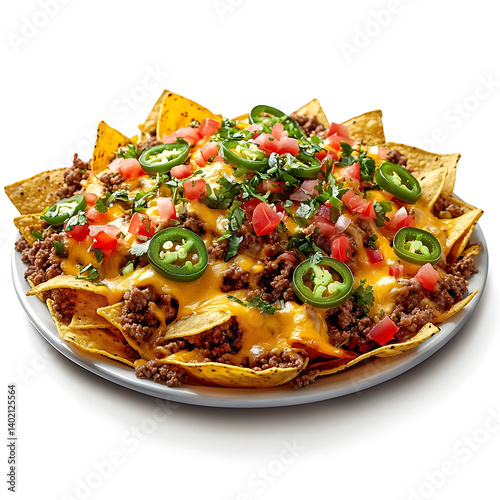 A loaded nachos platter with crispy tortilla chips melted cheddar seasoned ground beef and jalapeños, isolated white background, hyperrealism art style