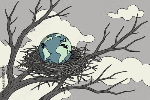 68 Earth egg, global nest, twiggy tree branch, environmental concept, surreal imagery, blue and green globe, bird's nest metaphor, world fragility, nature conservation, planet protection, cloudy sky b