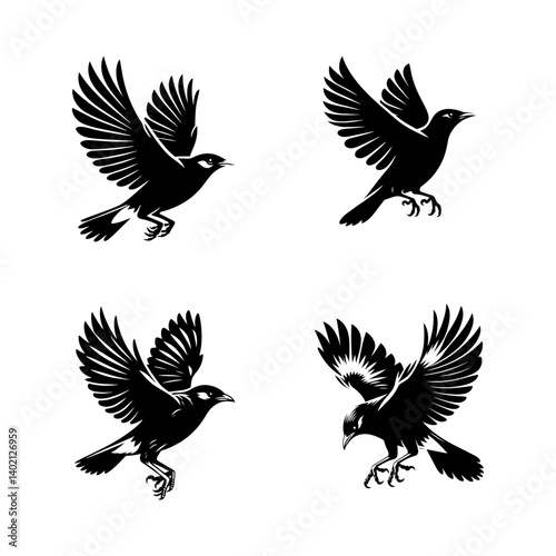 Myna Bird Flying Silhouette Vector Set – Elegant Tropical Avian in Flight for Nature and Wildlife Designs