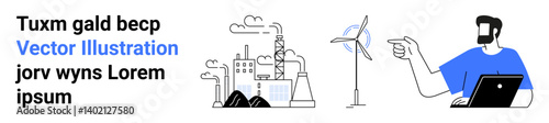 Factory emitting smoke, wind turbine symbolizing clean energy, man pointing at solutions. Ideal for energy transition, sustainability, industry, technology, innovation, clean energy flat landing