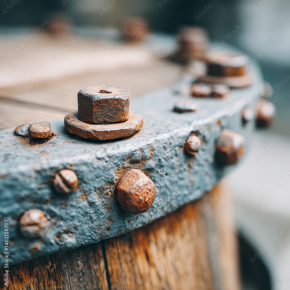 Rusty Metal Barrel Detail Close up Macro of Old Wood Bolts and Iron Band Rusty Metal Barrel Detail Close up Macro of Old Wood Bolts and Iron Band