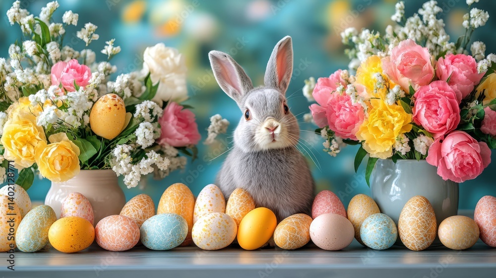 A charming easter bunny surrounded by colorful flowers and decorated eggs. A charming easter bunny surrounded by colorful flowers and decorated eggs.