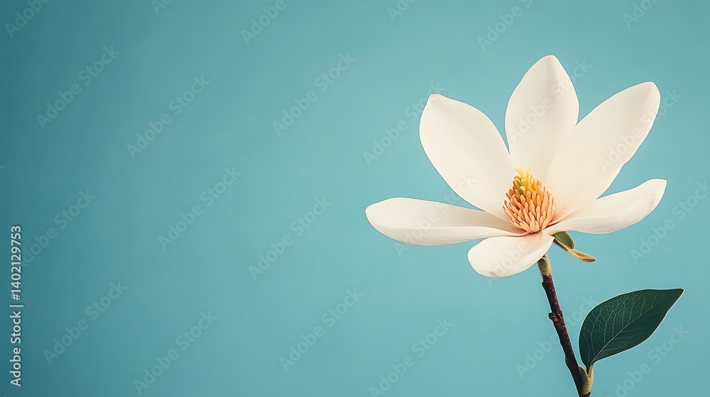 Fototapeta premium Single White Magnolia Blossom Against a Light Blue Background