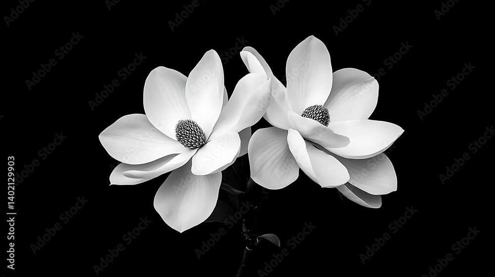 Fototapeta premium Two White Magnolia Blossoms in Monochrome Close Up