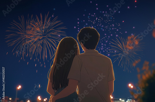 Couple Looking At Firework Display At Night, Couple is watching fireworks display together while night, Fireworks display, A couple, Celebration, Firework background.