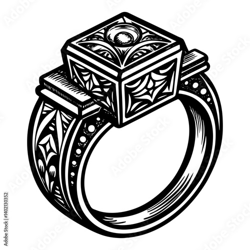Hand-drawn illustration of an ornate engagement ring featuring a large square-cut gemstone