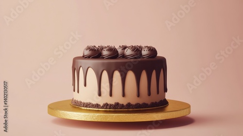 A chocolate cake with raspberries on top, presented on a gold plate.