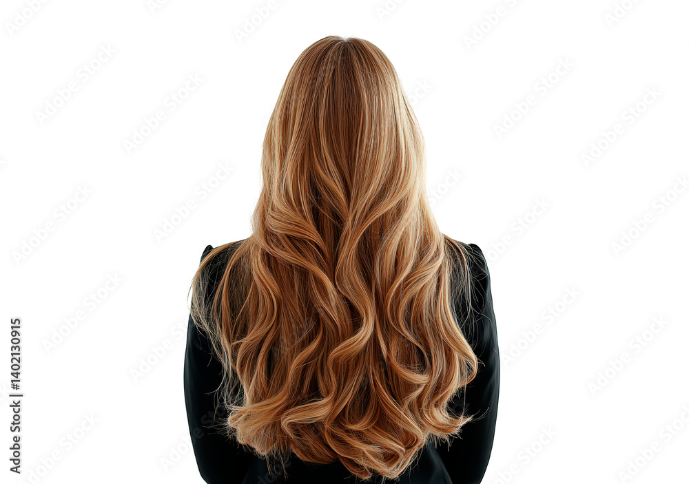 Woman with long blonde wavy hair, back view PNG