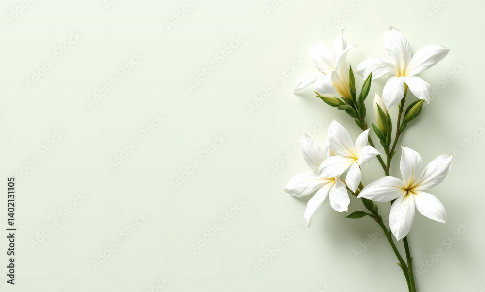 Fototapeta premium Hyper Realistic Jasmine/Mogra Flower Illustration on Vibrant Green Background – Stunning Floral Art, Botanical Beauty, Premium Stock Photo