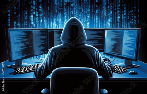 A dark-hooded hacker sits at a desk, facing multiple computer monitors, Computer programmer, Hacker stealing information, Internet crime, Rear view, Hacker, Thief, A programmer, Software engineer.