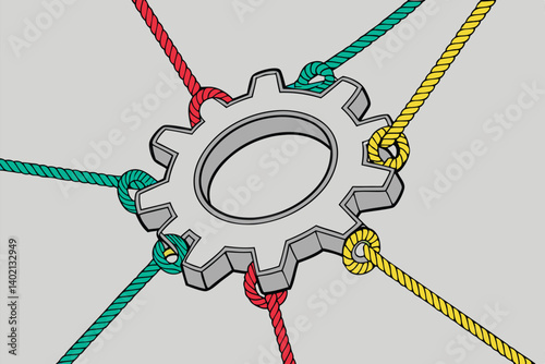 71 metallic gear symbol, colorful ropes pulling, unity concept, teamwork metaphor, industrial design, dynamic tension, interconnected strength, gray background, abstract collaboration, mechanical harm