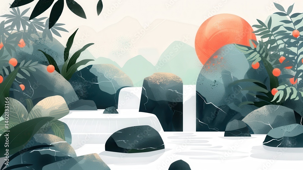 Serene Zen Garden with Flowing Water and Lush Foliage for Mindfulness App Design
