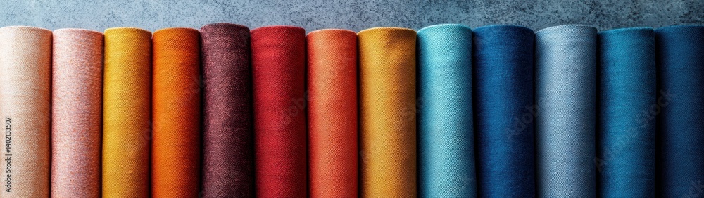 A vibrant collection of rolled fabric swatches displays a spectrum of warm and cool colors ideal for design projects. A vibrant collection of rolled fabric swatches displays a spectrum of warm and cool colors ideal for design projects.