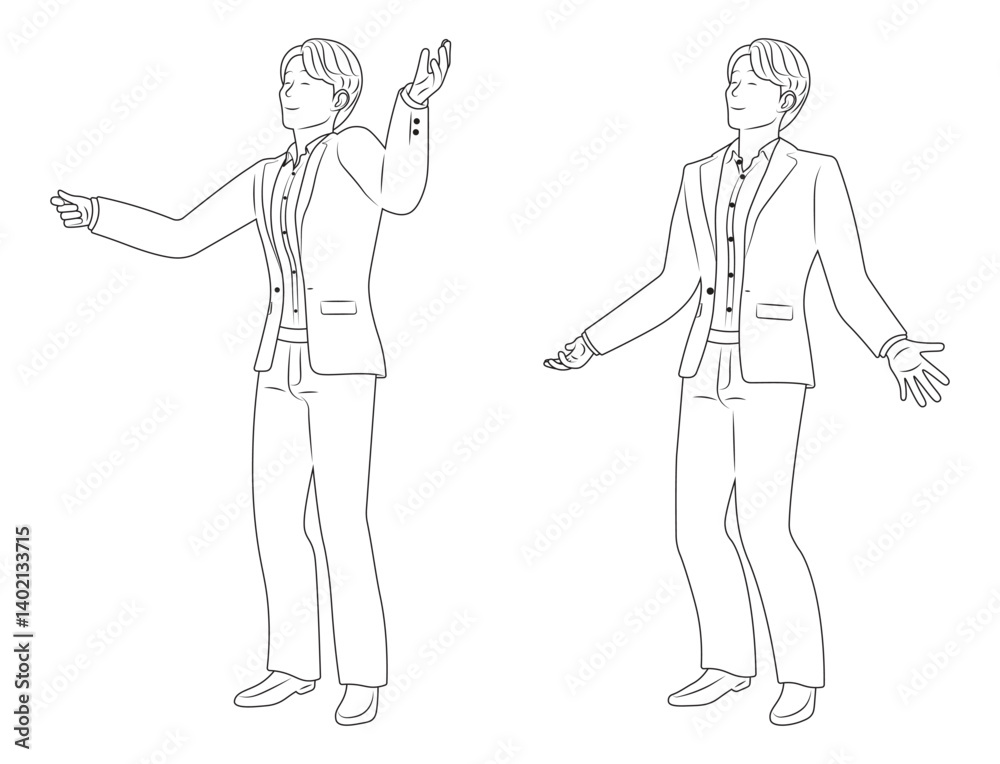 Fototapeta premium Happy Businessman Character in Joyful and Relaxed Poses, line art style.