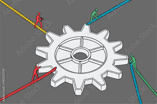71 metallic gear symbol, colorful ropes pulling, unity concept, teamwork metaphor, industrial design, dynamic tension, interconnected strength, gray background, abstract collaboration, mechanical harm