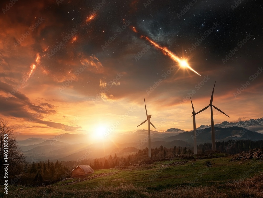Obraz premium Serene Landscape with Wind Turbines and Stunning Cosmic Phenomenon