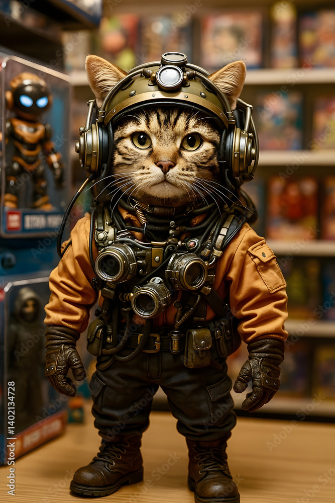 Fototapeta premium Adventurous cat in military gear at a toy store showcases unique character and playful charm in its detailed outfit
