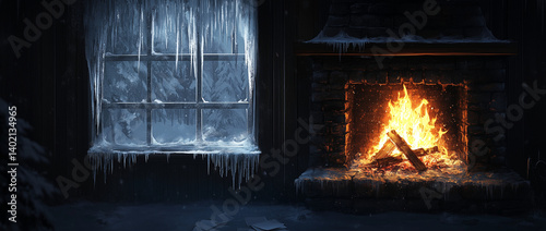 A cozy fireplace in an old, rustic cabin with snow outside the windows, Cozy Cabin Fireplace Winter Snow Scene, Calmness, A peaceful place, Peace, Snowfall, Heavy snow background, Snowy background.