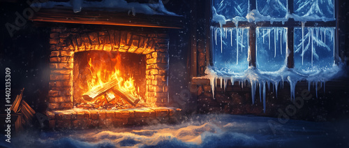 A cozy fireplace in an old, rustic cabin with snow outside the windows, Cozy Cabin Fireplace Winter Snow Scene, Calmness, A peaceful place, Peace, Snowfall, Heavy snow background, Snowy background.