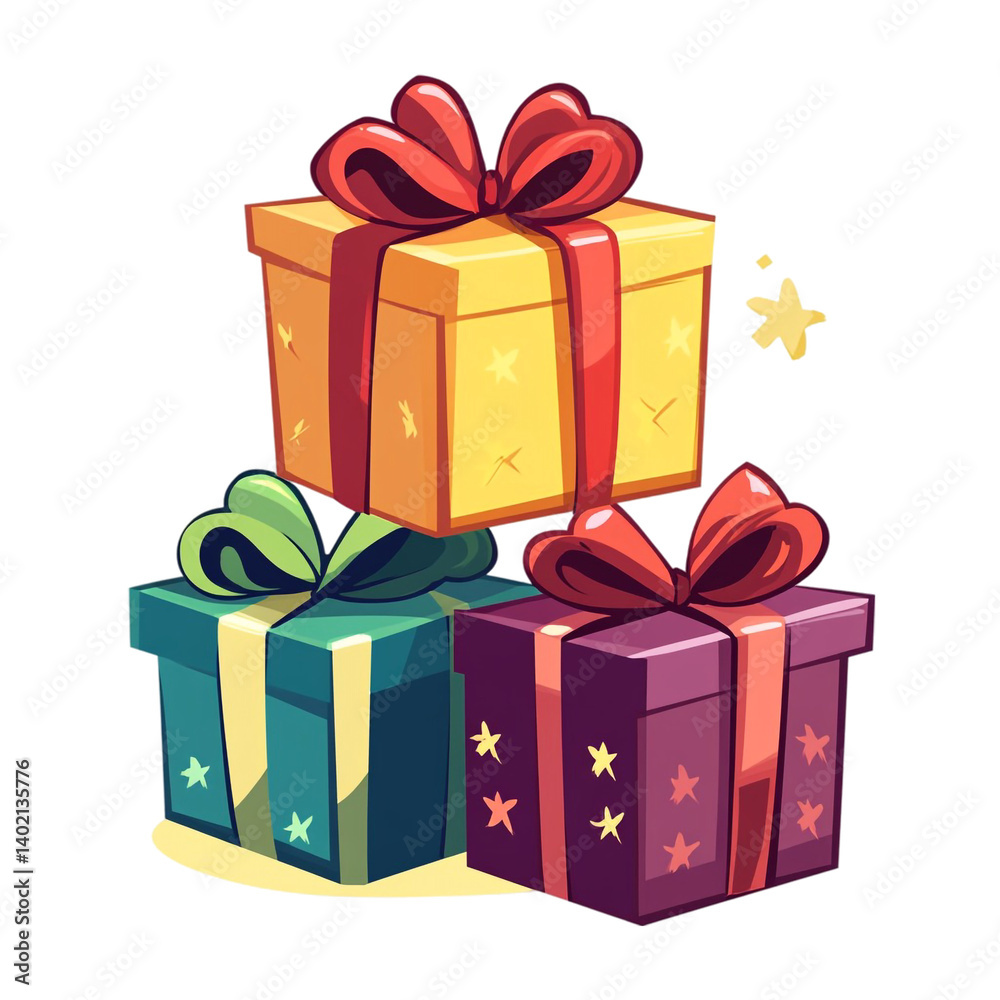 Obraz premium Stack of colorful gifts with big red bows joyful surprise