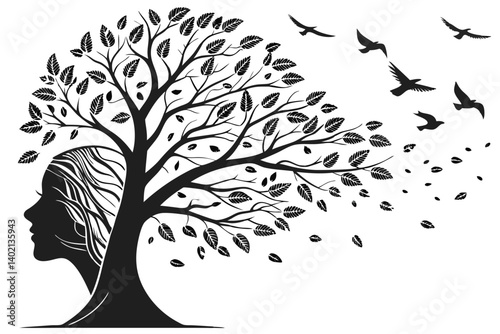 72 Black and white illustration, surreal tree, human head profile, leaves transforming into birds, metamorphosis, wind blowing, flying birds, symbolic imagery, freedom concept, nature connection, drea