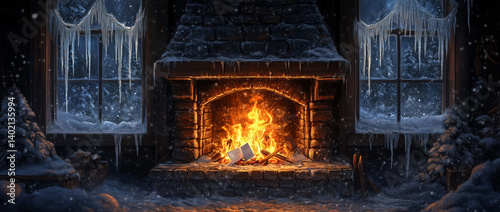 A cozy fireplace in an old, rustic cabin with snow outside the windows, Cozy Cabin Fireplace Winter Snow Scene, Calmness, A peaceful place, Peace, Snowfall, Heavy snow background, Snowy background.