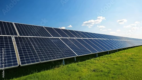 A massive solar energy plant, with photovoltaic panels covering vast fields under a clear blue sky, seamlessly integrated into the natural landscape