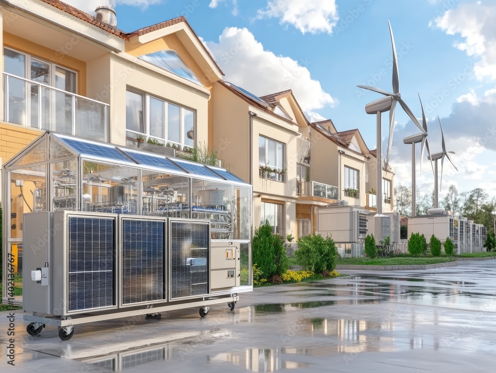Fototapeta premium Modern Renewable Energy Solutions in Sustainable Neighborhood Garden