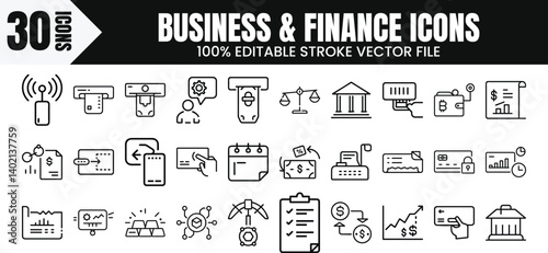30 Business & Finance Outlined Vector Icon Megapack Set Transparent Background PNG Editable Stroke EPS