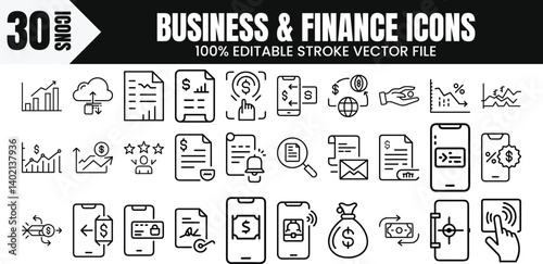 30 Business & Finance Outlined Vector Icon Megapack Set Transparent Background PNG Editable Stroke EPS