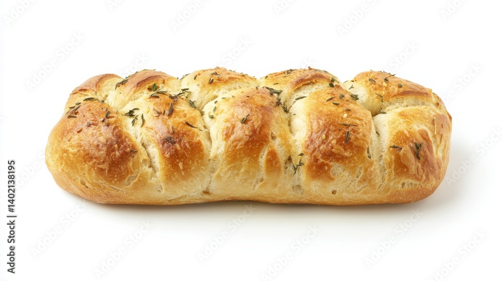 A loaf of bread with herbs, presented on a white background. A loaf of bread with herbs, presented on a white background.
