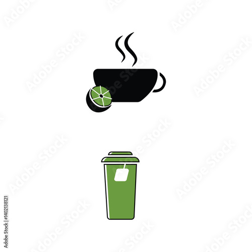 Black tea leaves icons. Hot drink cup, cold iced tea and teapot with steam pictogram. Organic herbal or mint teas logotype, eco leaf tea sign and teapot. Isolated icon vector set
