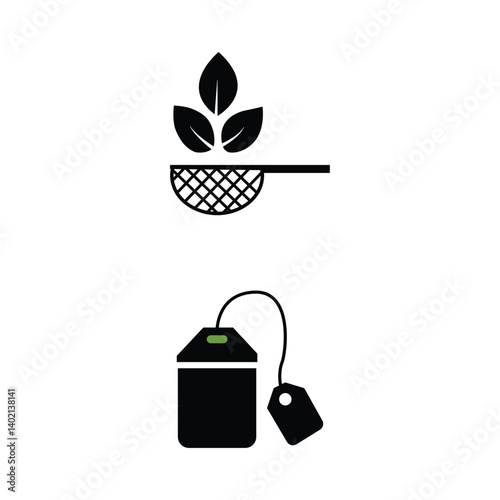 Black tea leaves icons. Hot drink cup, cold iced tea and teapot with steam pictogram. Organic herbal or mint teas logotype, eco leaf tea sign and teapot. Isolated icon vector set